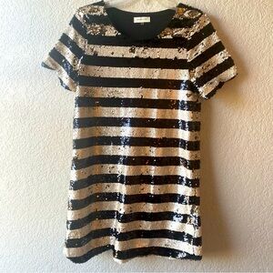 Sugarlips style Gold Black sequin midi dress Small Striped scalloped hem/sleeve
